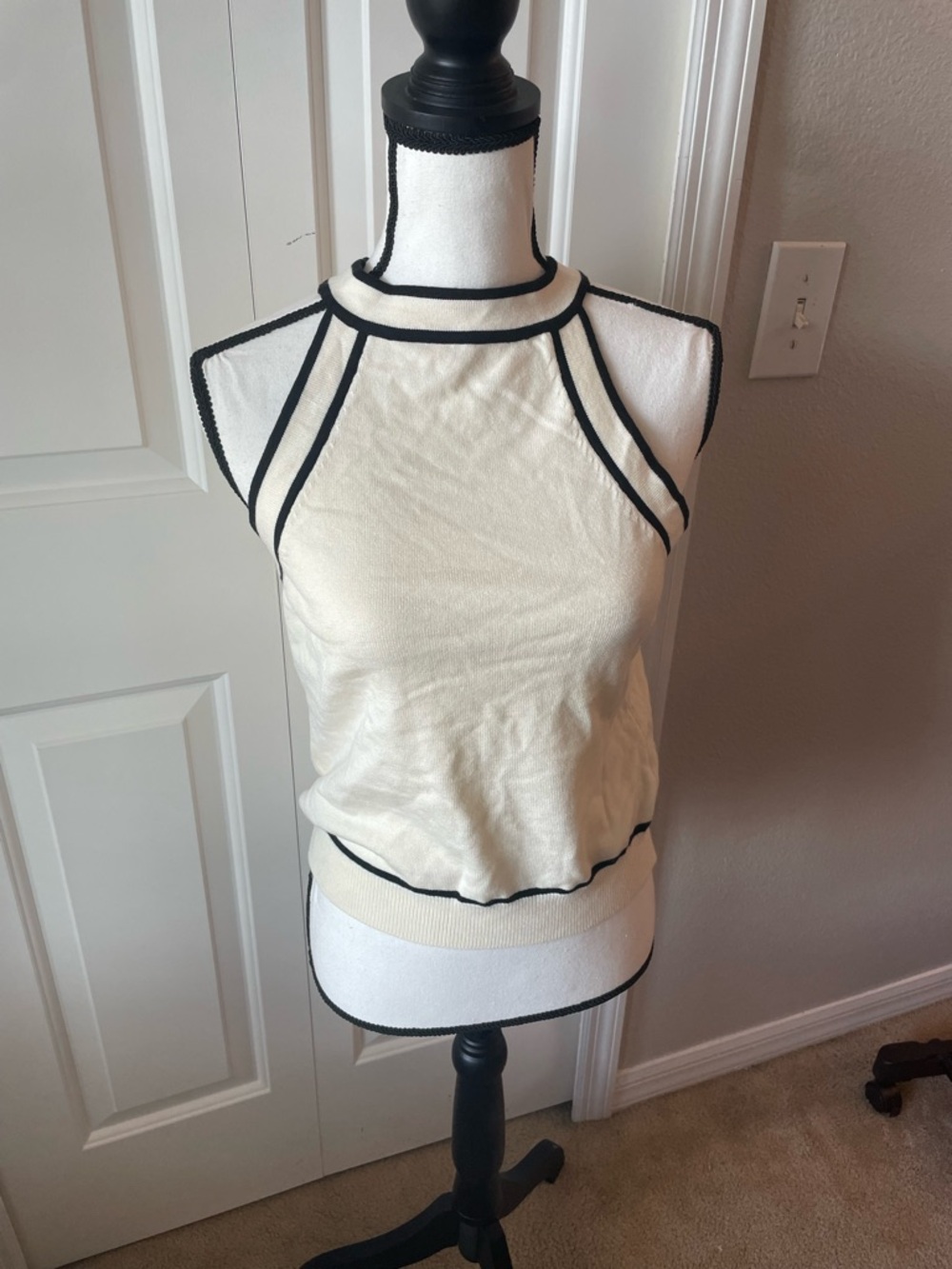 Sleeveless Ivory Knit Tank with Black Trim